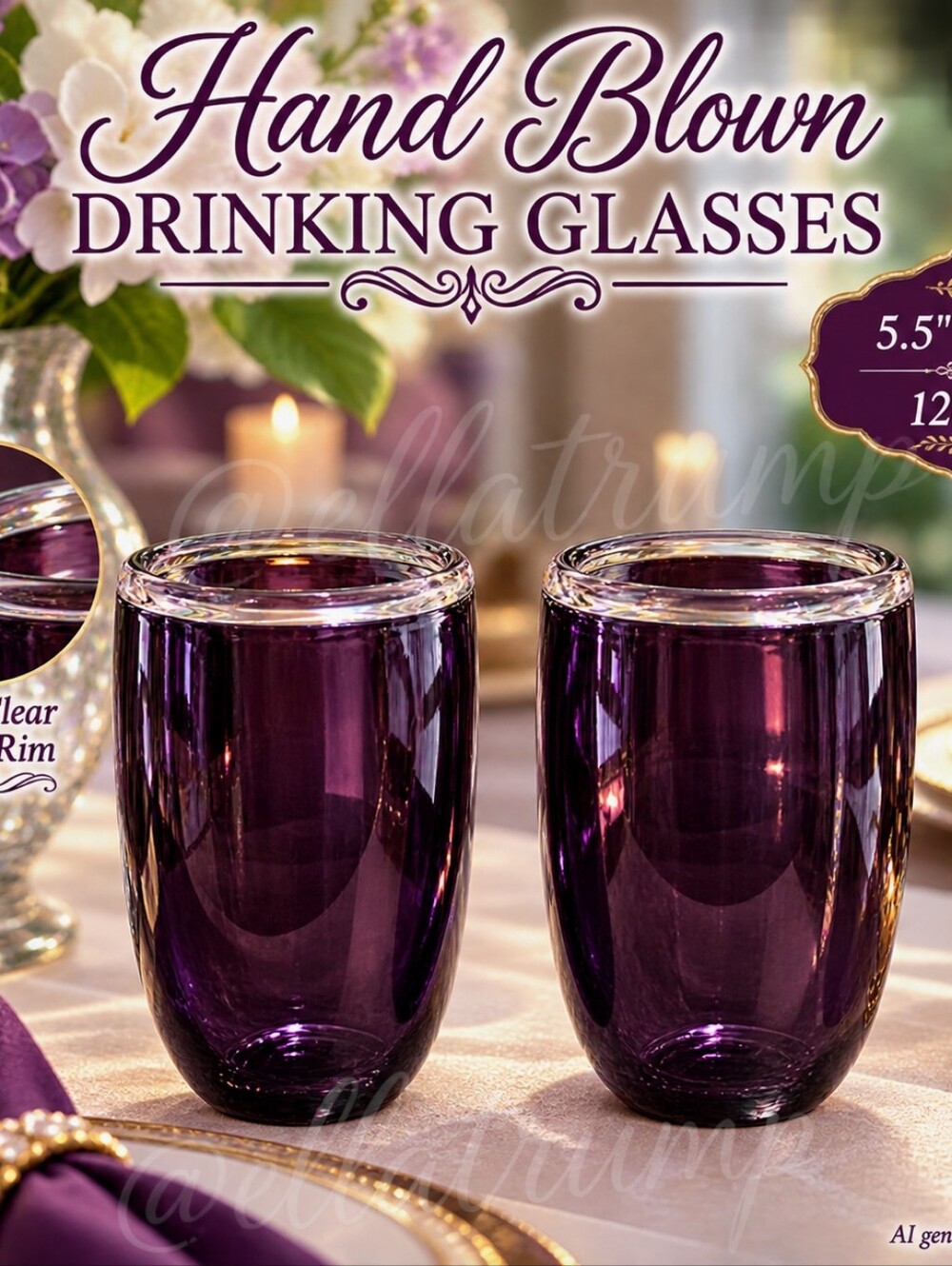 Set of 2 Hand Blown Purple Drinking Glasses